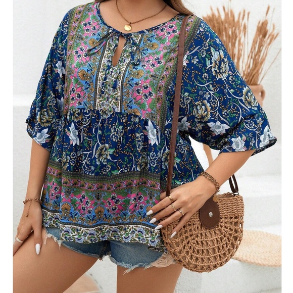 Plus Colorful Floral Print Neck Tie 3/4 Sleeve Blouse - Picture 3 of 11